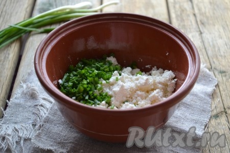 Зелень (у меня - зелёный лук) вымыть, обсушить. Брынзу переложить в глубокую тарелку, размять вилкой, добавить нарезанную зелень и перемешать.