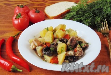 Аппетитное, вкусное, ароматное жаркое из свинины с сушёными грибами готово, раскладываем его по тарелкам и в горячем виде подаём к столу.