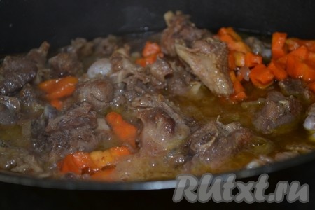 Затем в сковороду влить один литр воды, накрыть крышкой и тушить до готовности мяса.
