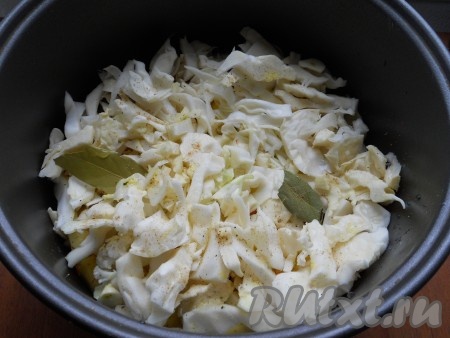 На картофель выложить тонко нарезанную белокочанную капусту. Посолить немного, посыпать специями, добавить нарезанный оставшийся зубчик чеснока и лавровый лист. Влить 200 миллилитров воды, закрыть крышкой мультиварку и выставить режим "Тушение" на 1 час.