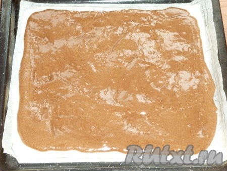 Духовку разогреваем до 180 градусов и отправляем противень с рисунком запекаться на 4 минуты. А пока в оставшуюся часть теста добавляем какао-порошок и перемешиваем лопаткой. Когда рисунок пропечётся, достаём его из духовки и аккуратно выливаем сверху шоколадное тесто. Выпекаем бисквитный корж в течение 10 минут.