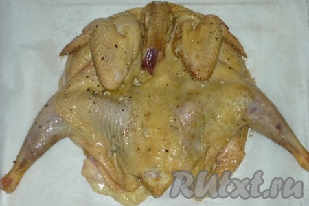 Полученной смесью нужно натереть домашнюю курицу со всех сторон и оставить при комнатной температуре минут на 30-40.&nbsp;