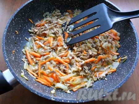 Обжарить лук и морковь до мягкости на среднем огне, периодически помешивая, после чего добавить натёртые грибы, перемешать, обжаривать минуты 3-4, иногда перемешивая.
