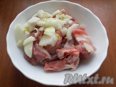 Свинину помыть, обсушить, нарезать на средние кусочки, сложить в миску, добавить очищенный лук, нарезанный на полукольца (или четверть кольца).