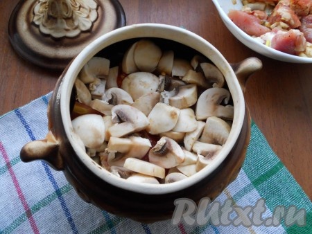 Шампиньоны промыть водой, нарезать на 4-6 частей. Половину свинины с луком поместить в горшочек, далее выложить шампиньоны.