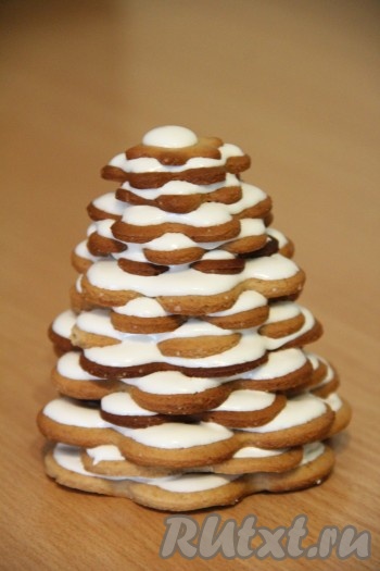 Приготовить глазурь: яичный белок взбить в пышную пену, затем всыпать сахарную пудру и хорошо взбить до белой и гладкой массы. В конце взбивания добавить горячую воду и ещё раз взбить. Глазурь получится гладкой, блестящей и не густой, можно сказать, льющейся. Собрать наши ёлочки: смазать печенье глазурью и выложить друг на друга, слегка прижимая. Глазурь схватится через пару часов. Украсить ёлочки нужно сразу, посыпав их различной посыпкой, чтобы декор закрепился на жидкой глазури. Оставить ёлочки на ночь, для того чтобы они хорошо высохли.
