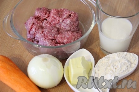 Подготовить продукты для приготовления фрикаделек в соусе "Бешамель". Для получения фарша пропустить кусочки мяса (у меня - свинина) через мясорубку в глубокую миску. В миску с фаршем добавить соль и специи (в качестве специй я добавила щепотку паприки и белый перец), хорошо вымесить. Лук и морковь почистить.