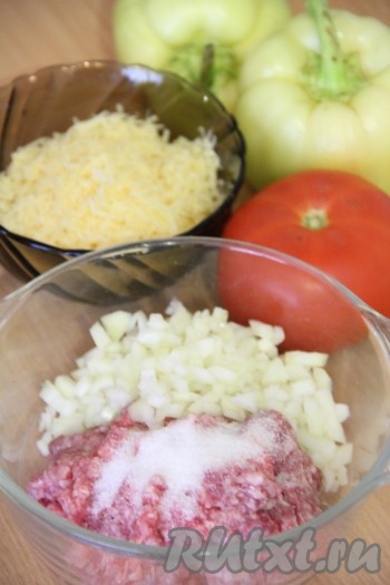 Лук почистить и мелко нарезать. Добавить в фарш измельченный лук, соль и специи. Я добавила щепотку белого молотого перца.
