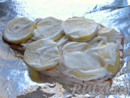 На лук выложить отбитый кусок мяса, обильно смазать его сметаной и домашним майонезом. Сверху разместить нарезанную кружками картошку (по 2 картофелины на порцию). Посыпать картофель немного солью и сушеным чесноком, хорошо смазать сметаной.
