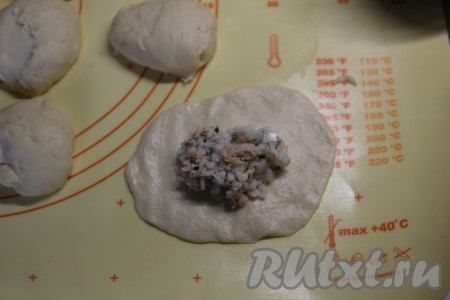 Разминаем каждый кусочек в лепешку и кладем по 2 чайных ложки начинки.
