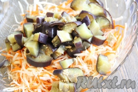 Затем добавить в овощной салат остывшие кусочки баклажанов и влить уксус.&nbsp;
