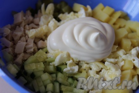 В миске соединить мясо курицы, картофель, огурцы, блинчик из яиц, добавить майонез (или сметану), тщательно перемешать. Я салат дополнительно не солила, но тут ориентируйтесь на свой вкус. Перед подачей на стол рекомендую добавить в салат нарезанную свежую зелень.