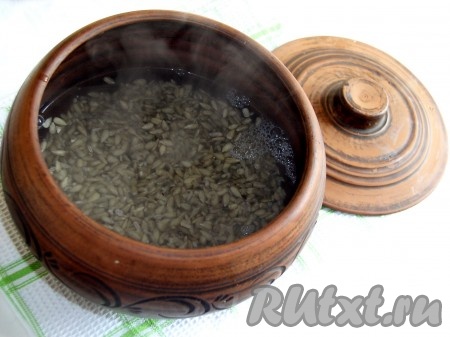 Ядра подсолнечника ошпарить кипятком, дать стечь воде. Сложить ядра в горшок или кастрюльку и залить 1 стаканом воды, холодной или горячей, минимум на час.