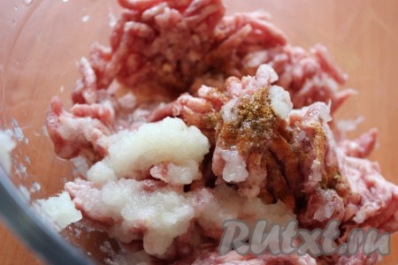 В глубокую миску поместить фарш (я использовала покупной), к нему добавить одну луковицу, натертую на терке, посолить, приправить любимыми специями.

