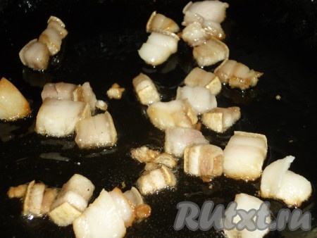 Свежее сало нарезать кусочками и обжарить до&nbsp;образования золотистой корочки,
