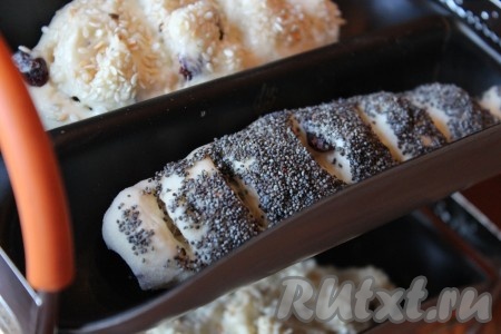 Разделать тесто на 4 куска. Сформировать багеты на присыпанной мукой доске. Сделать ножницами или острым ножом надрезы. Смазать яйцом, присыпать маком и кунжутом. Выложить на смазанный маслом противень (у меня специальные формочки для багетов) и дать расстояться 15-20 минут.
