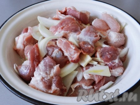 Для этого блюда лучше брать свинину с небольшим количеством жира (почечная часть, шея). Свинину вымыть, нарезать на средние кусочки. Лук очистить и нарезать полукольцами. Соединить мясо и лук в глубокой миске, перемешать.