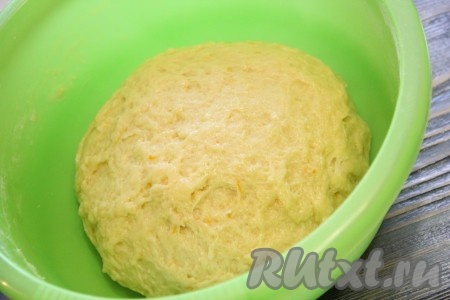 Добавляя муку, учитывайте, что тесто должно получиться мягким, нежным. Миску с замешанным тестом накрыть полотенцем и оставить в тёплом месте часа на 1,5 (до увеличения в объёме раза в 2-3).