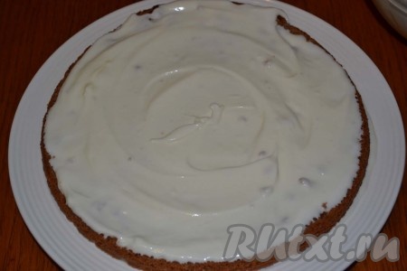Коржи перемазываем сметанным кремом и на каждый корж (кроме верхнего) щедро накладываем кусочки чернослива и орехов.