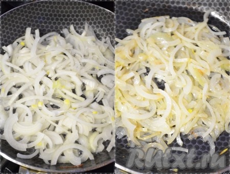 Лук нарезать кубиками или полукольцами, обжарить на растительном масле, помешивая, до золотистого цвета.
