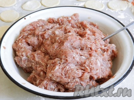 Фарш должен быть приготовлен заранее. Для фарша я перекрутила свинину с говядиной и луком.