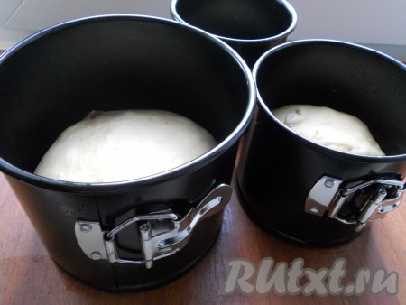 Далее тесто еще немного вымесить, муки не подсыпать, тесто уже не должно совсем липнуть ни к столу, ни к рукам. Формы для куличей смазать растительным маслом и поместить в них тесто, заполняя на 1/3 объёма.
