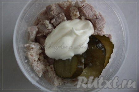 Отварить свинину и куриную грудку, нарезать кусочками. В чашу сложить мясо, соленые огурцы, майонез и пробить блендером до однородной массы.