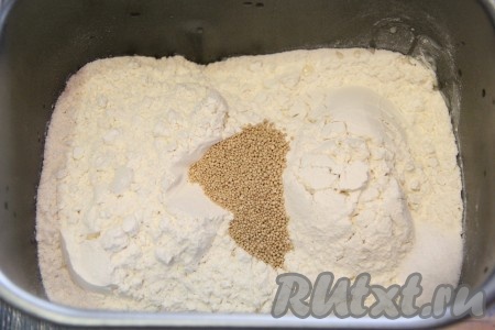 Далее добавить муку, соль и дрожжи. Закладку продуктов производите так, как указано в инструкции к вашей хлебопечке. Выставить режим "Замес теста" (у меня продолжительность замеса теста 1,5 часа).