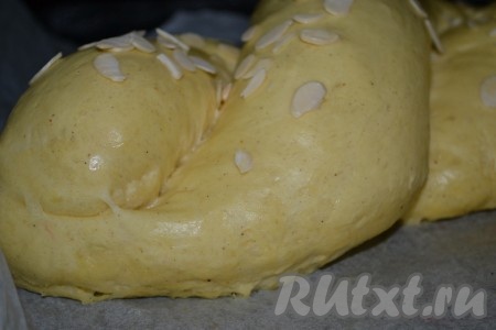 Выложить косу на противень, застеленный пергаментом, и дать подойти в течение 15-20 минут. 1 яйцо слегка взбить, смешать с сахаром по вкусу и полученной сладкой смесью смазать хлеб. Посыпать миндальными хлопьями и отправить в духовку, разогретую до 180 градусов.
